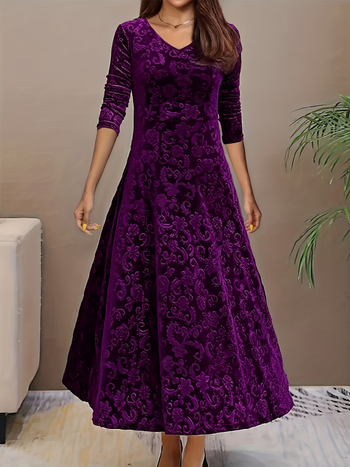 Ženska baršunasta reljefna haljina dugih rukava za proljeće i jesen, uskog kroja, elegantna i ekstra velika veličina