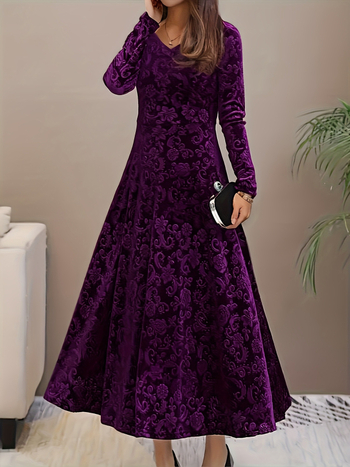 Ženska baršunasta reljefna haljina dugih rukava za proljeće i jesen, uskog kroja, elegantna i ekstra velika veličina