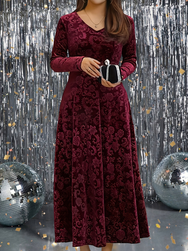 Ženska baršunasta reljefna haljina dugih rukava za proljeće i jesen, uskog kroja, elegantna i ekstra velika veličina