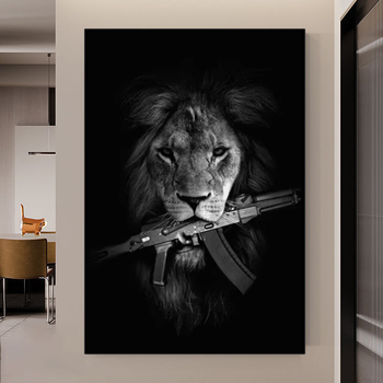 Moodne must dobermann, koer, lõvi, püstolit hoidev plakat, kanvettemaal, luksuslik loomaseina kunst, elutuba