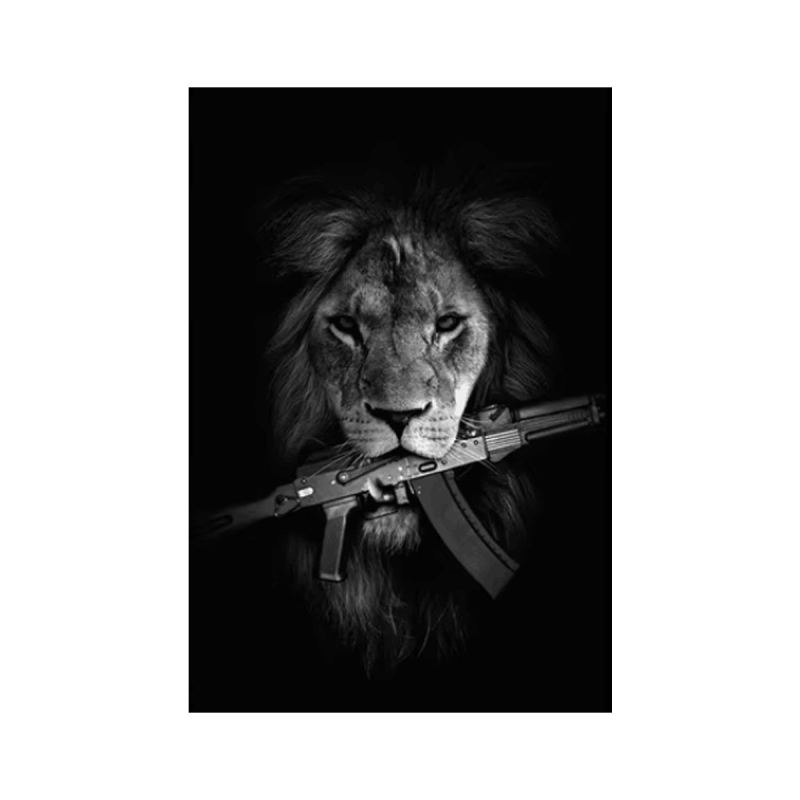 Moodne must dobermann, koer, lõvi, püstolit hoidev plakat, kanvettemaal, luksuslik loomaseina kunst, elutuba