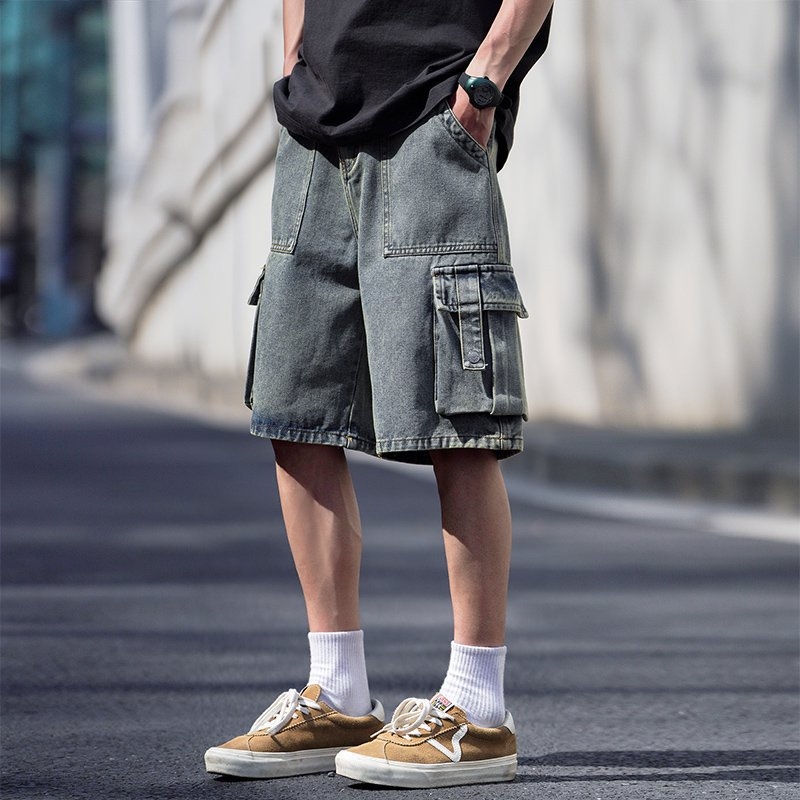 Vīriešu Retro Cargo šorti, plāni, mazgāti džinsa šorti, vasaras, brīvi, ikdienas, vīriešu, lielizmēra