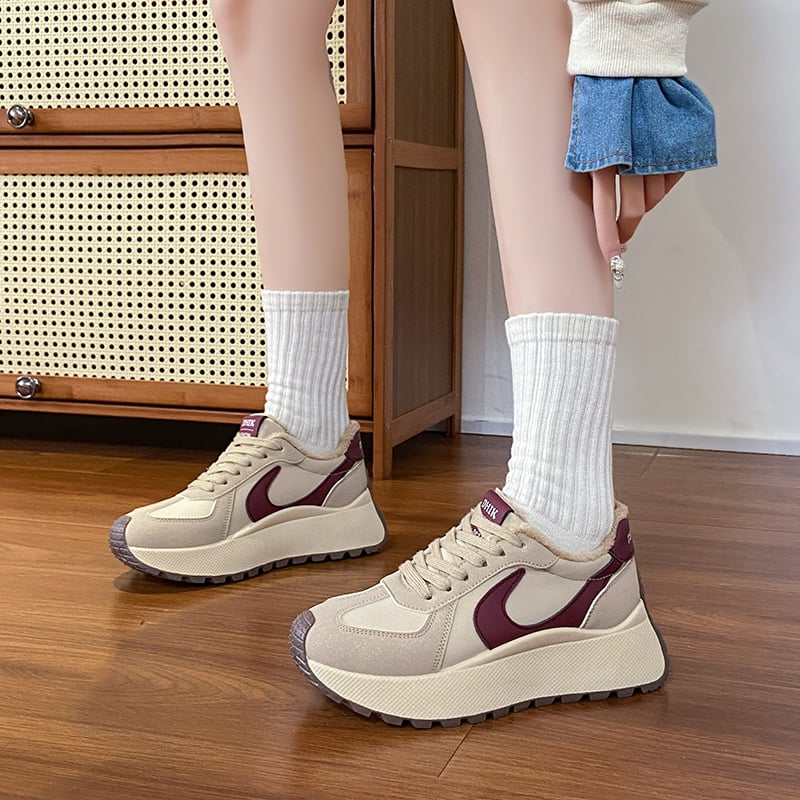 Bn001-22024 Adidași de toamnă pentru femei cu talpă groasă și căptușeală din pluș, pantofi casual cu model patchwork pentru studenți, pentru creșterea în înălțime și slăbire