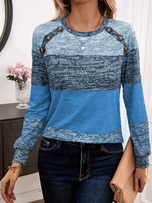 Euroopa ja Ameerika Ühendriikide piiriülene 2024. aasta kevad- ja sügisene uus TEMU Amazoni plahvatusvärvides sobitamise trükiga nööpidega pikkade varrukatega ümara kaelusega T-särk naistele