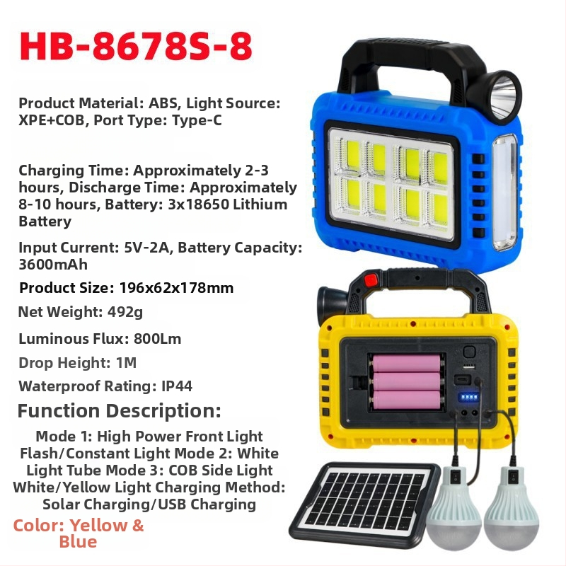 Uus päikeseenergial laetav multifunktsionaalne kaasaskantav lamp välistingimustes kasutatav tugev valgusvalgustus prožektor avariitöölamp taskulamp