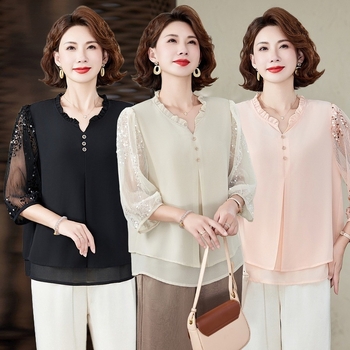 2025. gada jauns pusmūža mātes pavasara apģērbs, ķīniešu stila krekls, žakarda viltots divdaļīgs moderns pusmūža un vecāka gadagājuma sieviešu apģērbs