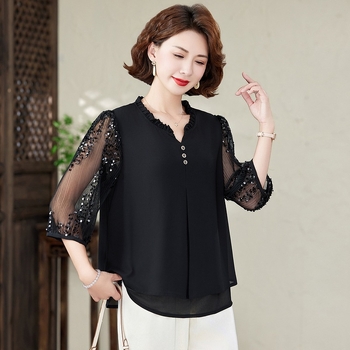 2025. gada jauns pusmūža mātes pavasara apģērbs, ķīniešu stila krekls, žakarda viltots divdaļīgs moderns pusmūža un vecāka gadagājuma sieviešu apģērbs