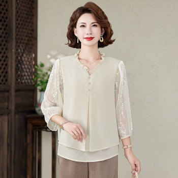 2025. gada jauns pusmūža mātes pavasara apģērbs, ķīniešu stila krekls, žakarda viltots divdaļīgs moderns pusmūža un vecāka gadagājuma sieviešu apģērbs