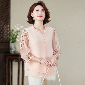 2025. gada jauns pusmūža mātes pavasara apģērbs, ķīniešu stila krekls, žakarda viltots divdaļīgs moderns pusmūža un vecāka gadagājuma sieviešu apģērbs