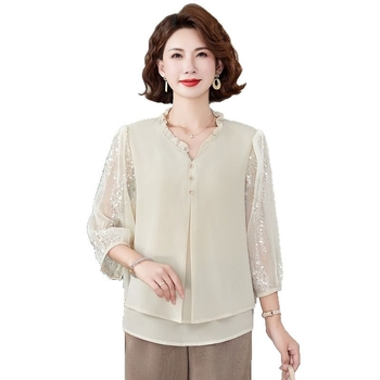 2025. gada jauns pusmūža mātes pavasara apģērbs, ķīniešu stila krekls, žakarda viltots divdaļīgs moderns pusmūža un vecāka gadagājuma sieviešu apģērbs