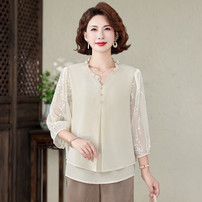 2025. gada jauns pusmūža mātes pavasara apģērbs, ķīniešu stila krekls, žakarda viltots divdaļīgs moderns pusmūža un vecāka gadagājuma sieviešu apģērbs