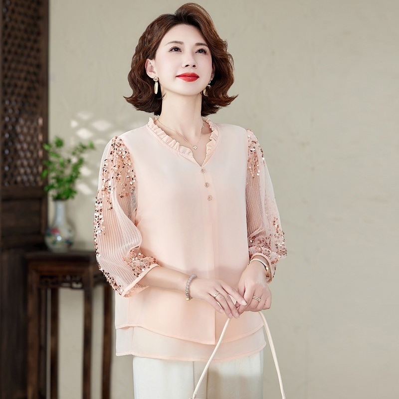 2025. gada jauns pusmūža mātes pavasara apģērbs, ķīniešu stila krekls, žakarda viltots divdaļīgs moderns pusmūža un vecāka gadagājuma sieviešu apģērbs