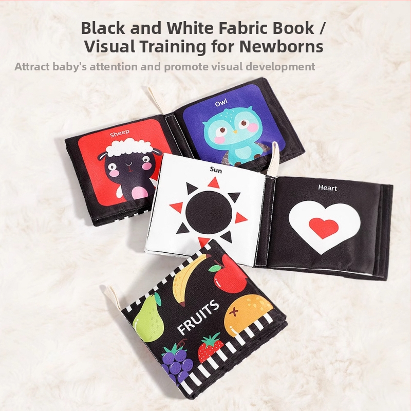Kūdikio palmių audinio knyga naujagimiui, juodai balta kortelė, garso popierius, lytėjimo knyga, pažintinė gyvūnų ankstyvojo ugdymo knyga, plaunama ir kramtoma