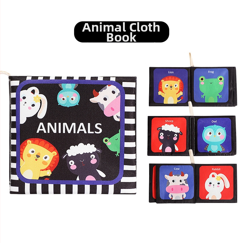 Kūdikio palmių audinio knyga naujagimiui, juodai balta kortelė, garso popierius, lytėjimo knyga, pažintinė gyvūnų ankstyvojo ugdymo knyga, plaunama ir kramtoma