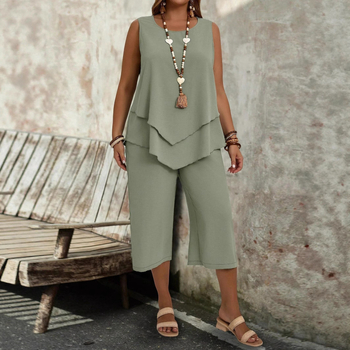 Ευρωπαϊκό και Αμερικανικό Ρούχο Διασυνοριακά Amazon Aliexpress Μεγάλο Μέγεθος Μονόχρωμο Αμάνικο Μπλούζα και Κοντό Παντελόνι Δύο Τεμαχίων Καλοκαιρινό Σετ