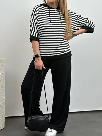 Euroopa ja Ameerika Amazoni sõltumatu jaama piiriülene dressipluus, lühikeste varrukatega, ühevärviline, kitsad sirged püksid, kaheosaline ülikond