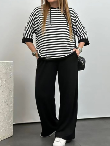 Euroopa ja Ameerika Amazoni sõltumatu jaama piiriülene dressipluus, lühikeste varrukatega, ühevärviline, kitsad sirged püksid, kaheosaline ülikond