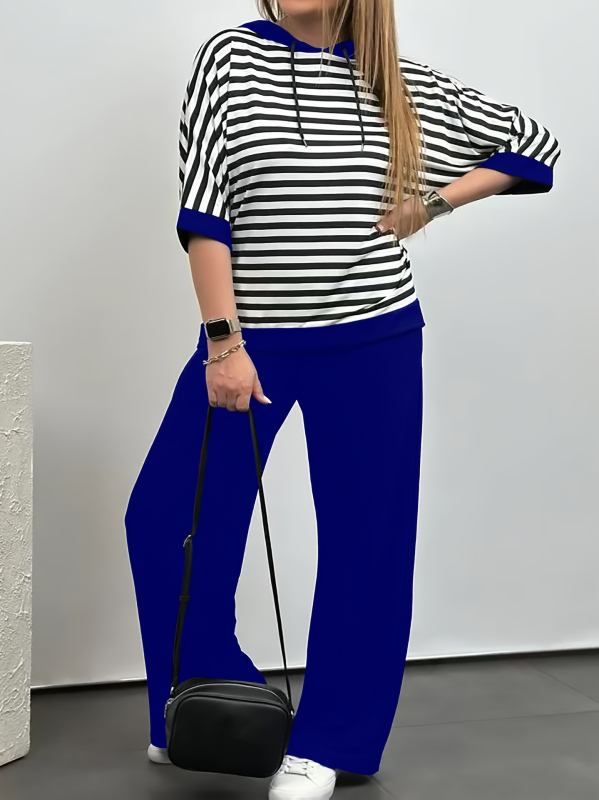 Euroopa ja Ameerika Amazoni sõltumatu jaama piiriülene dressipluus, lühikeste varrukatega, ühevärviline, kitsad sirged püksid, kaheosaline ülikond