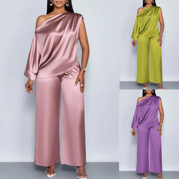 2025. aasta Euroopa ja Ameerika piiriülene sõltumatu jaama suvine vabaaja naiste satiinist ülikond kaldkraega lühikeste varrukatega topp + pükskostüüm