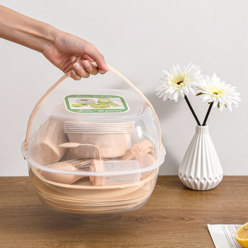 Комплект пластмасови прибори за хранене Amazon от 48 части за къмпинг на открито, специална чанта, чинии, прибори за хранене, вилици, лъжици и прибори за хранене