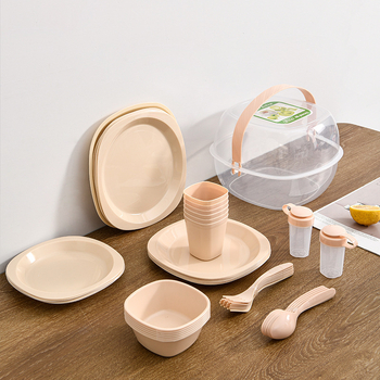 Комплект пластмасови прибори за хранене Amazon от 48 части за къмпинг на открито, специална чанта, чинии, прибори за хранене, вилици, лъжици и прибори за хранене