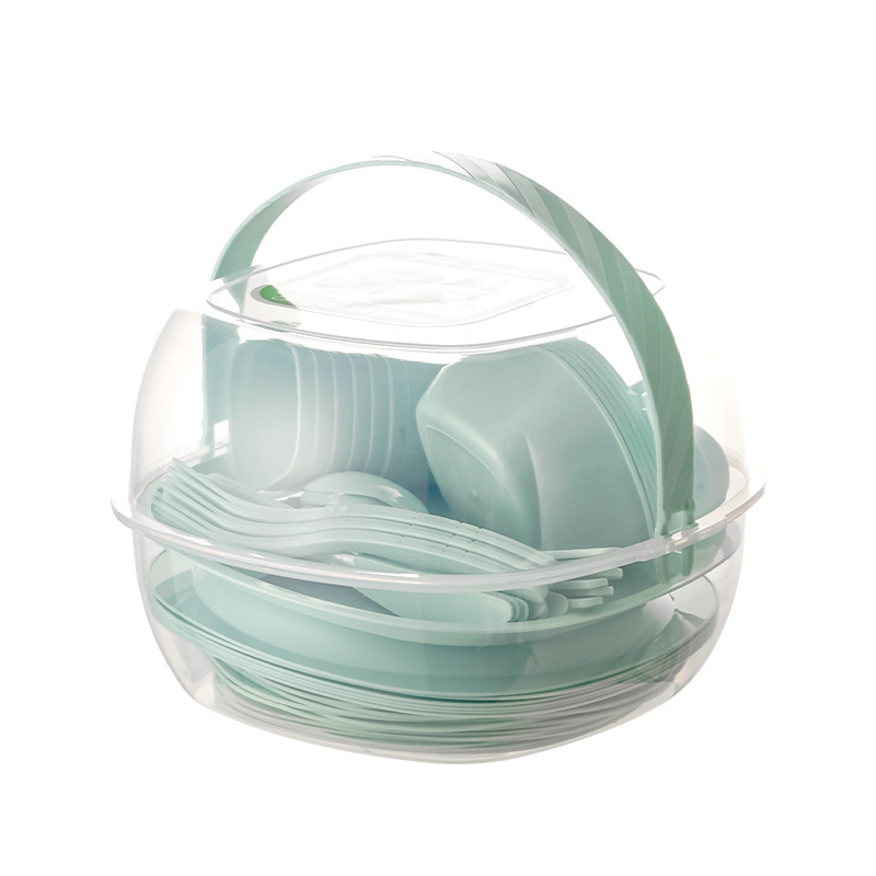 Комплект пластмасови прибори за хранене Amazon от 48 части за къмпинг на открито, специална чанта, чинии, прибори за хранене, вилици, лъжици и прибори за хранене