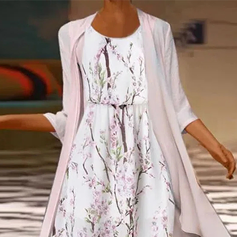 Sügis-talv valge elegantne pendeldaja pikk trükitud šifoonist muudest allikatest pärit keskmise pikkusega seelikuga kardiganist keskvööga kleit