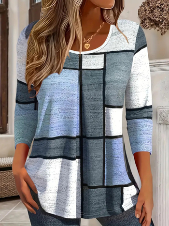 Διασυνοριακό 2024 Νέο Amazon European and American Fashion Casual Geometric Ethnic Μακρυμάνικο T-shirt με γιακά κήπου και χαλαρό γιακά