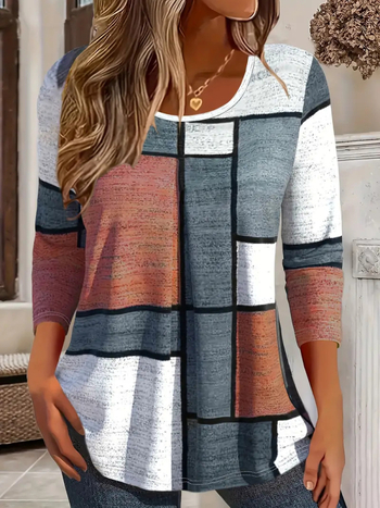 Διασυνοριακό 2024 Νέο Amazon European and American Fashion Casual Geometric Ethnic Μακρυμάνικο T-shirt με γιακά κήπου και χαλαρό γιακά