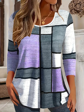 Διασυνοριακό 2024 Νέο Amazon European and American Fashion Casual Geometric Ethnic Μακρυμάνικο T-shirt με γιακά κήπου και χαλαρό γιακά