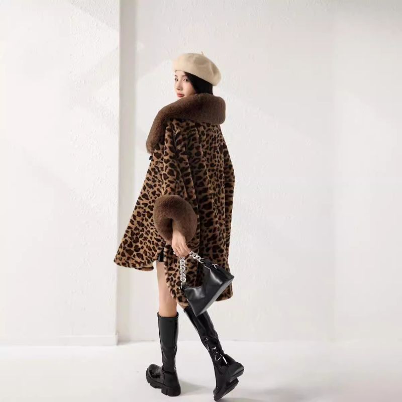 Șal din blană de iepure Rex Faux de toamnă și iarnă pentru femei, palton din bumbac îngroșat, cu imprimeu leopard de vacă, stil zebră, bumbac