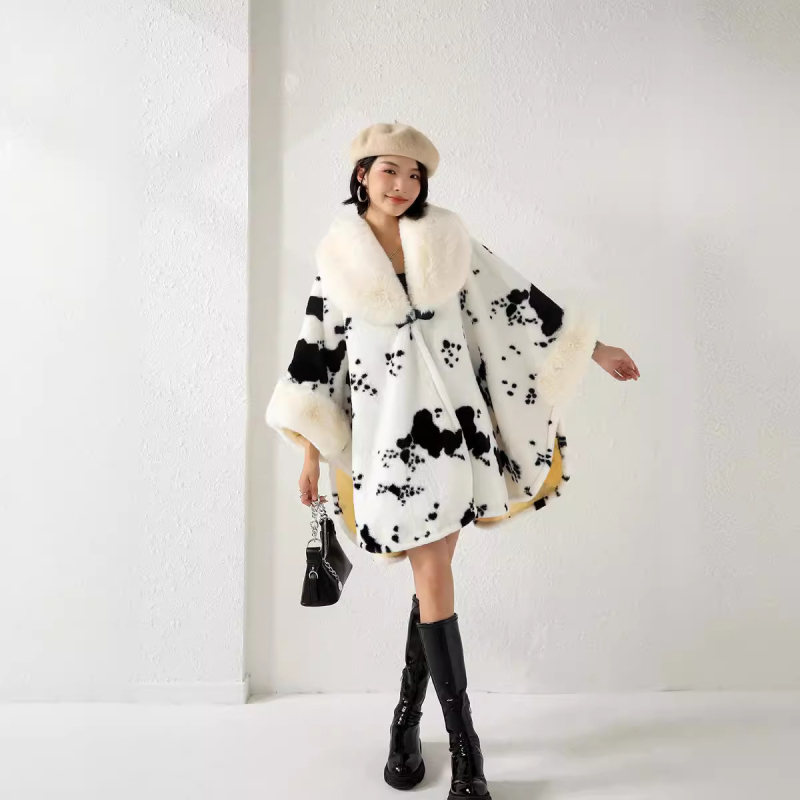 Șal din blană de iepure Rex Faux de toamnă și iarnă pentru femei, palton din bumbac îngroșat, cu imprimeu leopard de vacă, stil zebră, bumbac