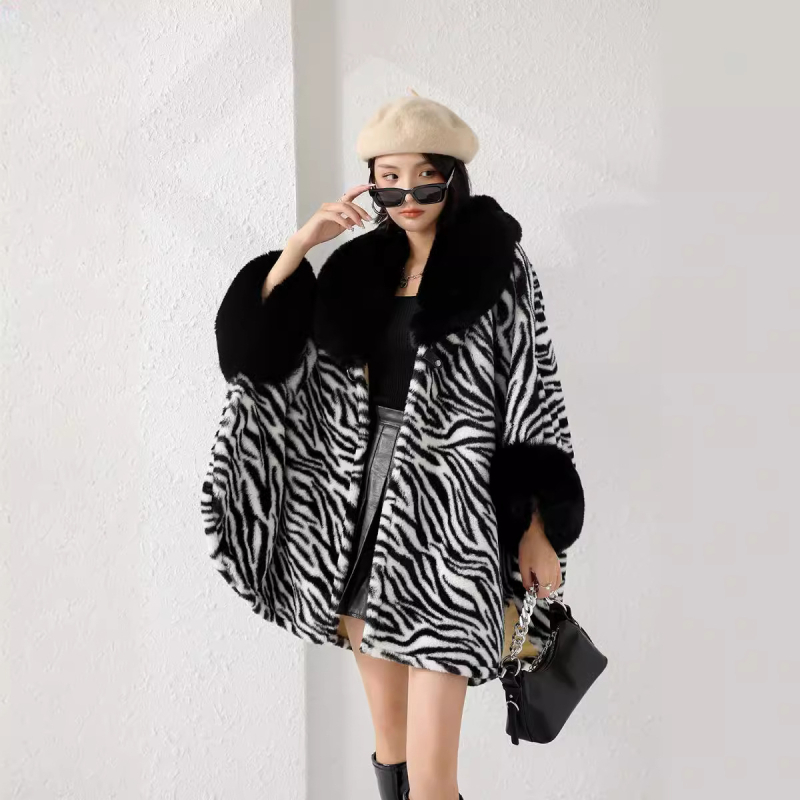 Șal din blană de iepure Rex Faux de toamnă și iarnă pentru femei, palton din bumbac îngroșat, cu imprimeu leopard de vacă, stil zebră, bumbac