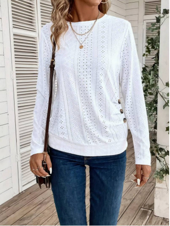 Μπλούζα με στρογγυλή λαιμόκοψη και κοίλα κουμπιά, κομψή μπλούζα με μακριά μανίκια, κατάλληλη για την άνοιξη και το φθινόπωρο. Γυναικεία Ρούχα