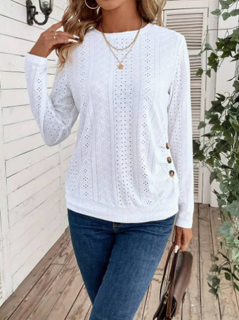 Μπλούζα με στρογγυλή λαιμόκοψη και κοίλα κουμπιά, κομψή μπλούζα με μακριά μανίκια, κατάλληλη για την άνοιξη και το φθινόπωρο. Γυναικεία Ρούχα