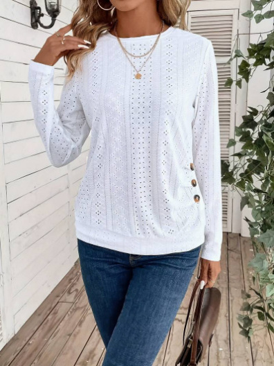 Ääriseülese õõnesnööbiga dekoratiivse ümara kaelusega T-särk, elegantne pikkade varrukatega T-särk, mis sobib kevadeks ja sügiseks. Naiste riided