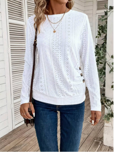 Ääriseülese õõnesnööbiga dekoratiivse ümara kaelusega T-särk, elegantne pikkade varrukatega T-särk, mis sobib kevadeks ja sügiseks. Naiste riided