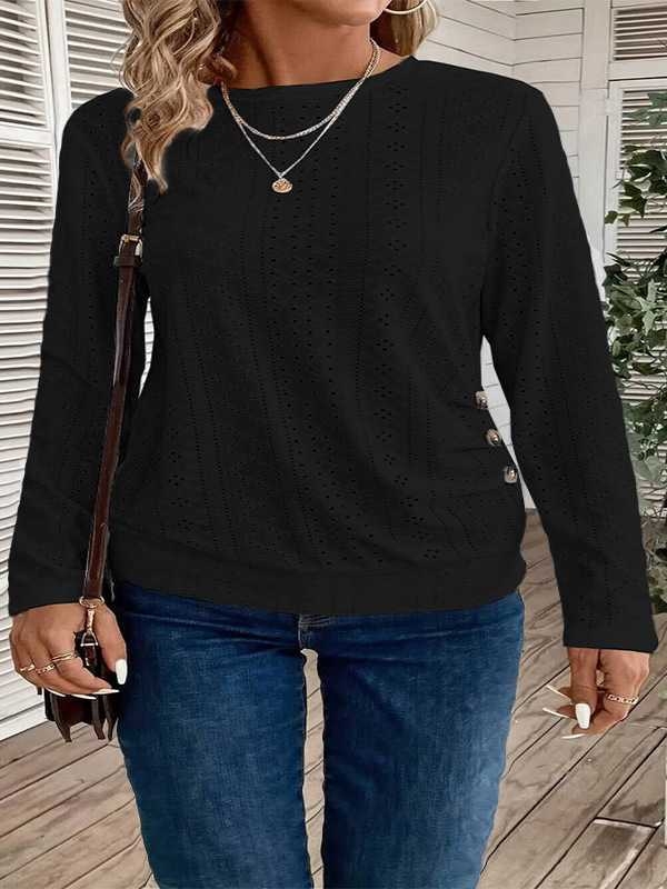 Ääriseülese õõnesnööbiga dekoratiivse ümara kaelusega T-särk, elegantne pikkade varrukatega T-särk, mis sobib kevadeks ja sügiseks. Naiste riided