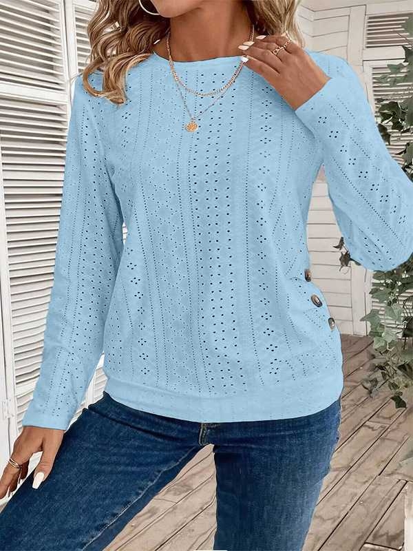 Ääriseülese õõnesnööbiga dekoratiivse ümara kaelusega T-särk, elegantne pikkade varrukatega T-särk, mis sobib kevadeks ja sügiseks. Naiste riided