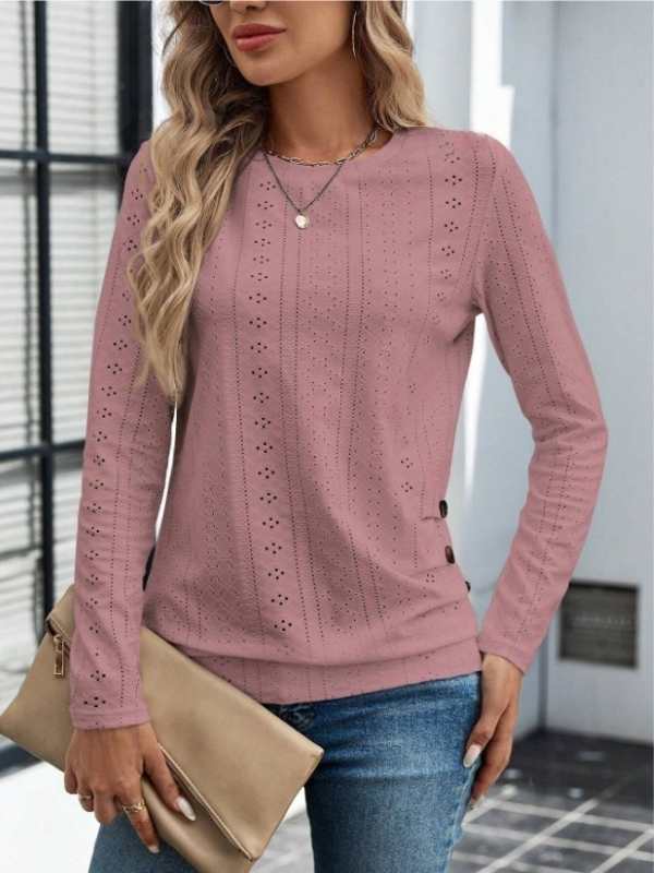 Ääriseülese õõnesnööbiga dekoratiivse ümara kaelusega T-särk, elegantne pikkade varrukatega T-särk, mis sobib kevadeks ja sügiseks. Naiste riided