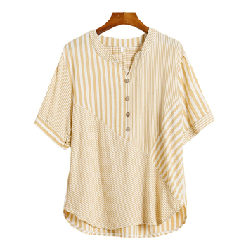 Puuvillast ja linasest kampsun 2022. aasta suvine uus saabumise suurus naiste kardigan asümmeetrilise triibulise õmblusega vanusepiirav mugav V-kaelusega särk