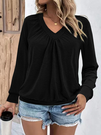 Ευρώπη και Ηνωμένες Πολιτείες διασυνοριακή 2025 νέα γυναικεία μόδα Amazon με V-neck, μονόχρωμο μπλουζάκι με μακριά μανίκια, με ντεκολτέ