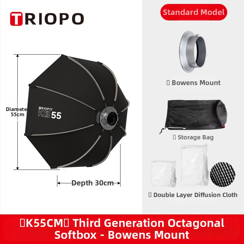 Triopo K3 külgmise tiivaga kaheksanurkne pehme kast, kiire paigaldus, kiirvabastusega baorongi suu, kaamerale kinnitatav välklamp, kaasaskantav pehme valguskate