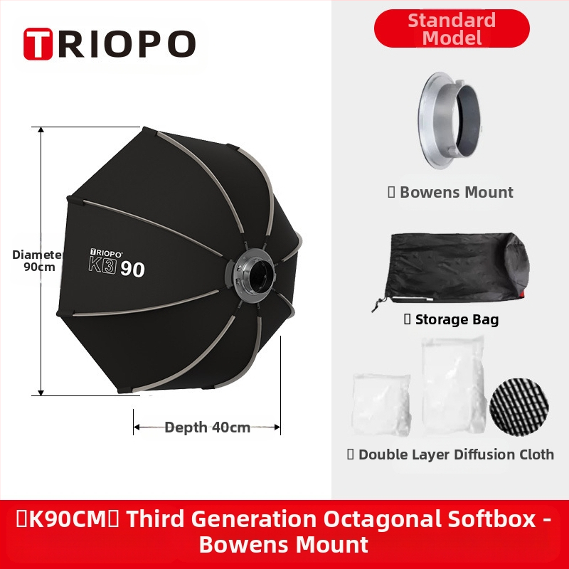 Triopo K3 külgmise tiivaga kaheksanurkne pehme kast, kiire paigaldus, kiirvabastusega baorongi suu, kaamerale kinnitatav välklamp, kaasaskantav pehme valguskate