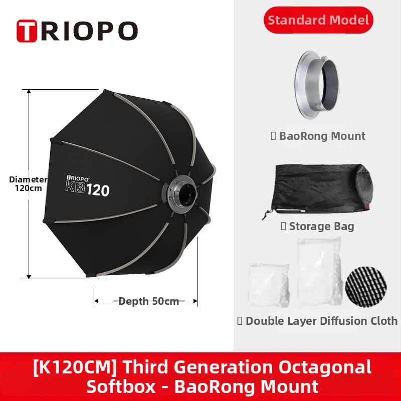 Triopo K3 külgmise tiivaga kaheksanurkne pehme kast, kiire paigaldus, kiirvabastusega baorongi suu, kaamerale kinnitatav välklamp, kaasaskantav pehme valguskate