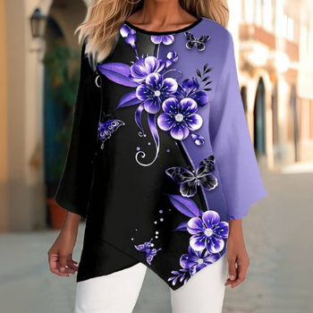 2025 Ευρωπαϊκό και Αμερικανικό Διασυνοριακό Φθινόπωρο και Χειμώνας, Νέες Δημοφιλείς Μπλούζες, Χαλαρά, Μεγάλο Μέγεθος, Τρισδιάστατο Στάμπα Λουλουδιών, T-Shirt με Εννέα Τέταρτα Μανικιού για Γυναίκες