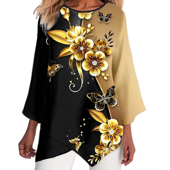 2025 Ευρωπαϊκό και Αμερικανικό Διασυνοριακό Φθινόπωρο και Χειμώνας, Νέες Δημοφιλείς Μπλούζες, Χαλαρά, Μεγάλο Μέγεθος, Τρισδιάστατο Στάμπα Λουλουδιών, T-Shirt με Εννέα Τέταρτα Μανικιού για Γυναίκες