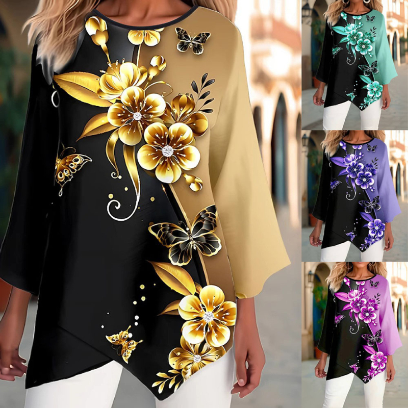 2025. aasta Euroopa ja Ameerika piiriülesed sügis- ja talvekollektsiooni uued populaarsed lahtised suurte 3D-lilleprindiga üheksaveerandvarrukatega T-särgid naistele