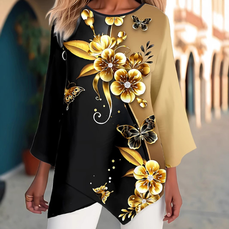 2025. aasta Euroopa ja Ameerika piiriülesed sügis- ja talvekollektsiooni uued populaarsed lahtised suurte 3D-lilleprindiga üheksaveerandvarrukatega T-särgid naistele