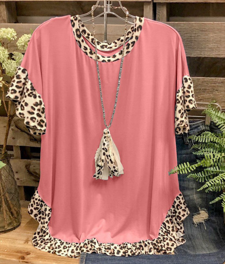 2025. aasta uus naiste leopardimustriga lühikeste varrukatega ümara kaelusega lahtine keskmise pikkusega T-särk naistele